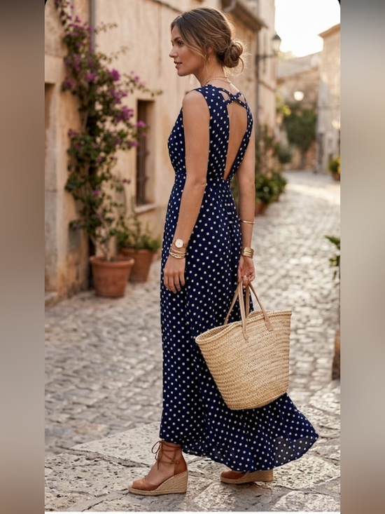 Anthropologie Dresses & Skirts - NWT Lucca Couture Polka Dot Maxi Open Back V Neck Dress S/4 Waist 27”